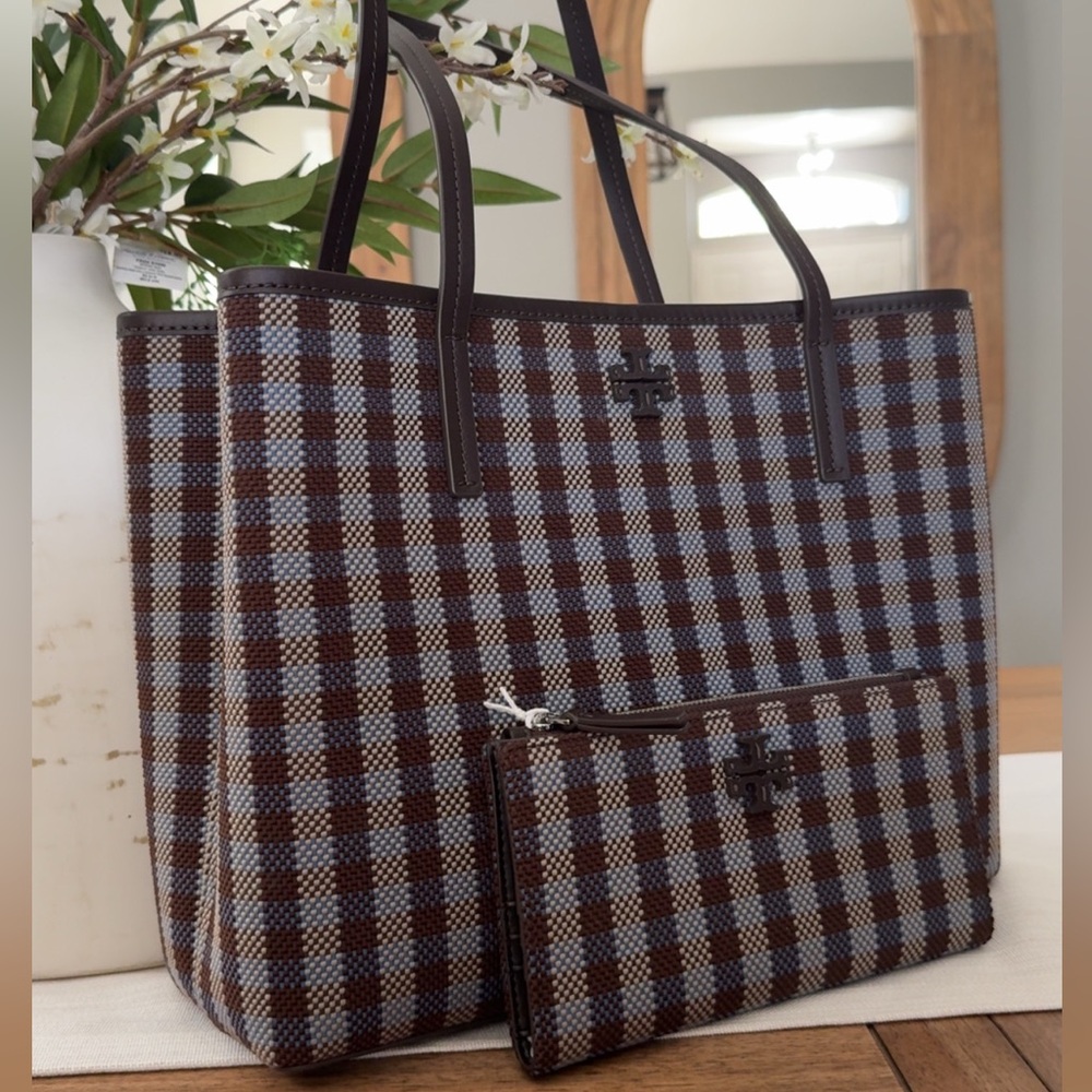 New Tory Burch Blake Plaid Zip Tote & Wallet Blue Multi Woven Nylon Lightweight